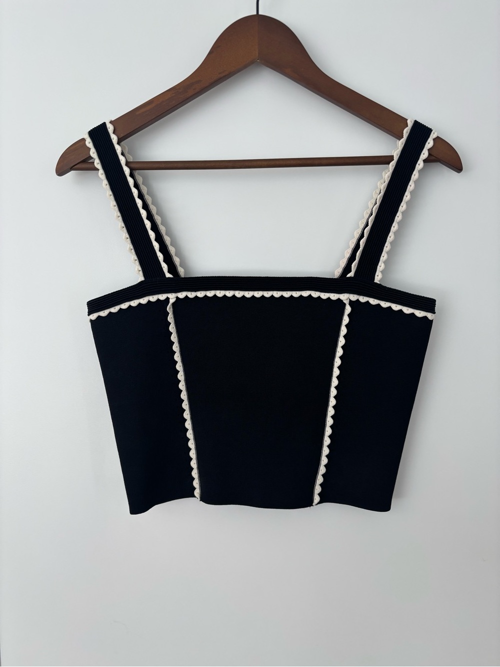 Sandro Black Crop Top with Cream Scallop Trim